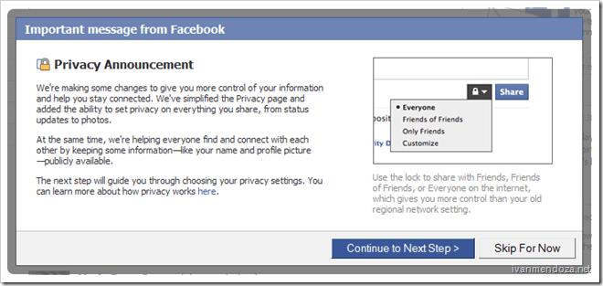 Mensaje de facebook sobre el nuevo control de privacidad